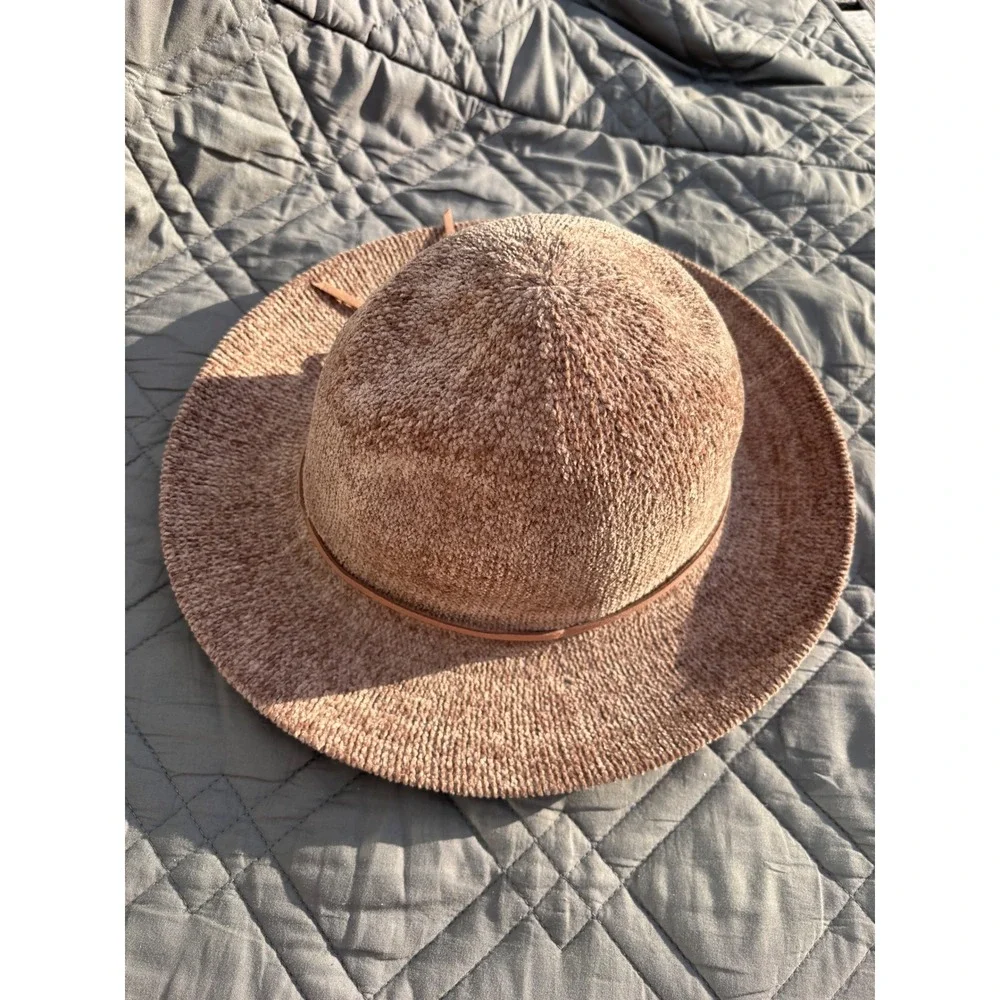 Boho Fedora Hat OS Mauve Brown Polyester Knit Faux Leather Bow Trim Adjustable‎